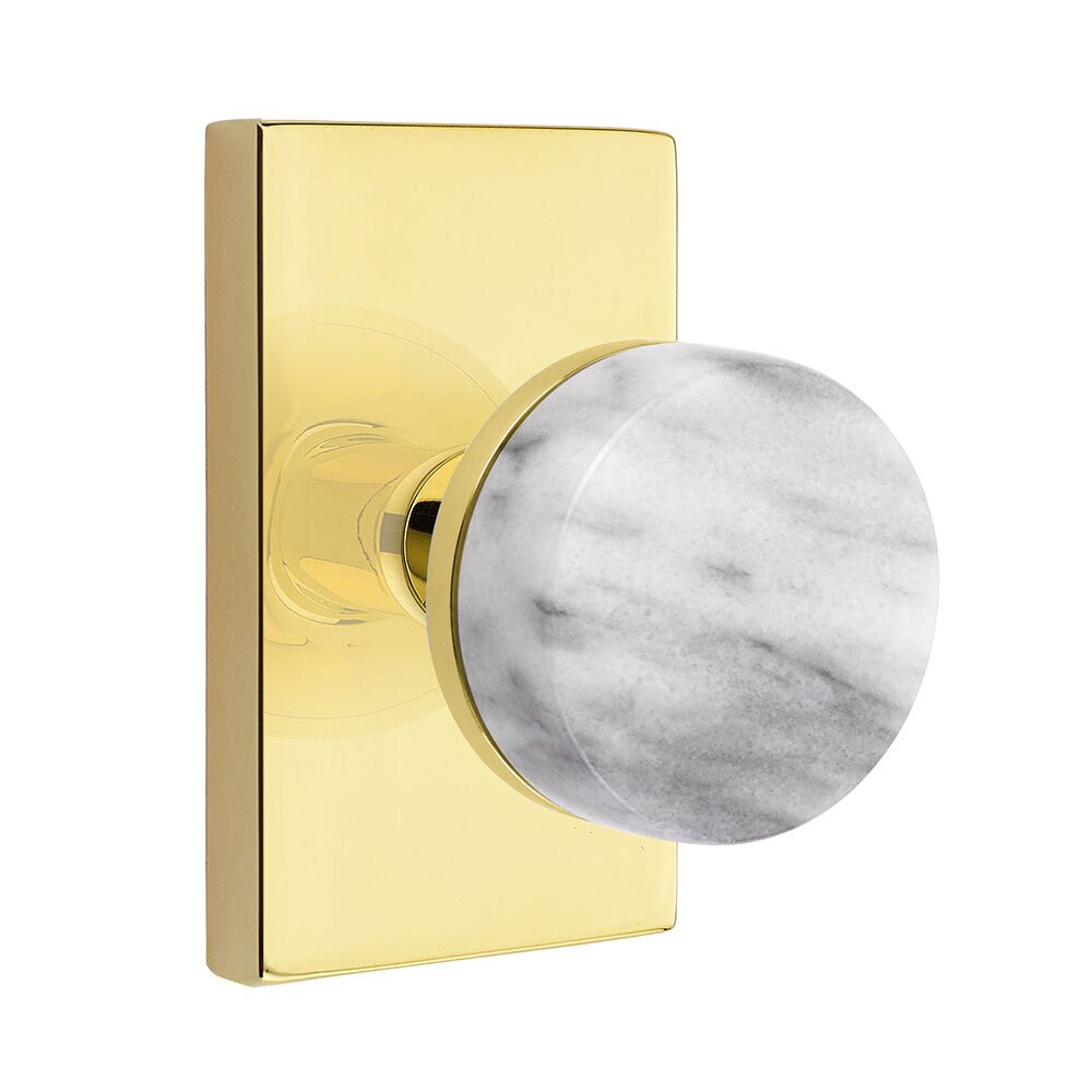 Emtek Privacy Modern Rectangular Rosette with Conical Stem and White Marble Knob in Unlacquered Brass