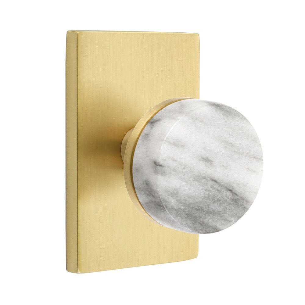 Emtek Privacy Modern Rectangular Rosette with Concealed Screws Conical Stem and White Marble Knob in Satin Brass