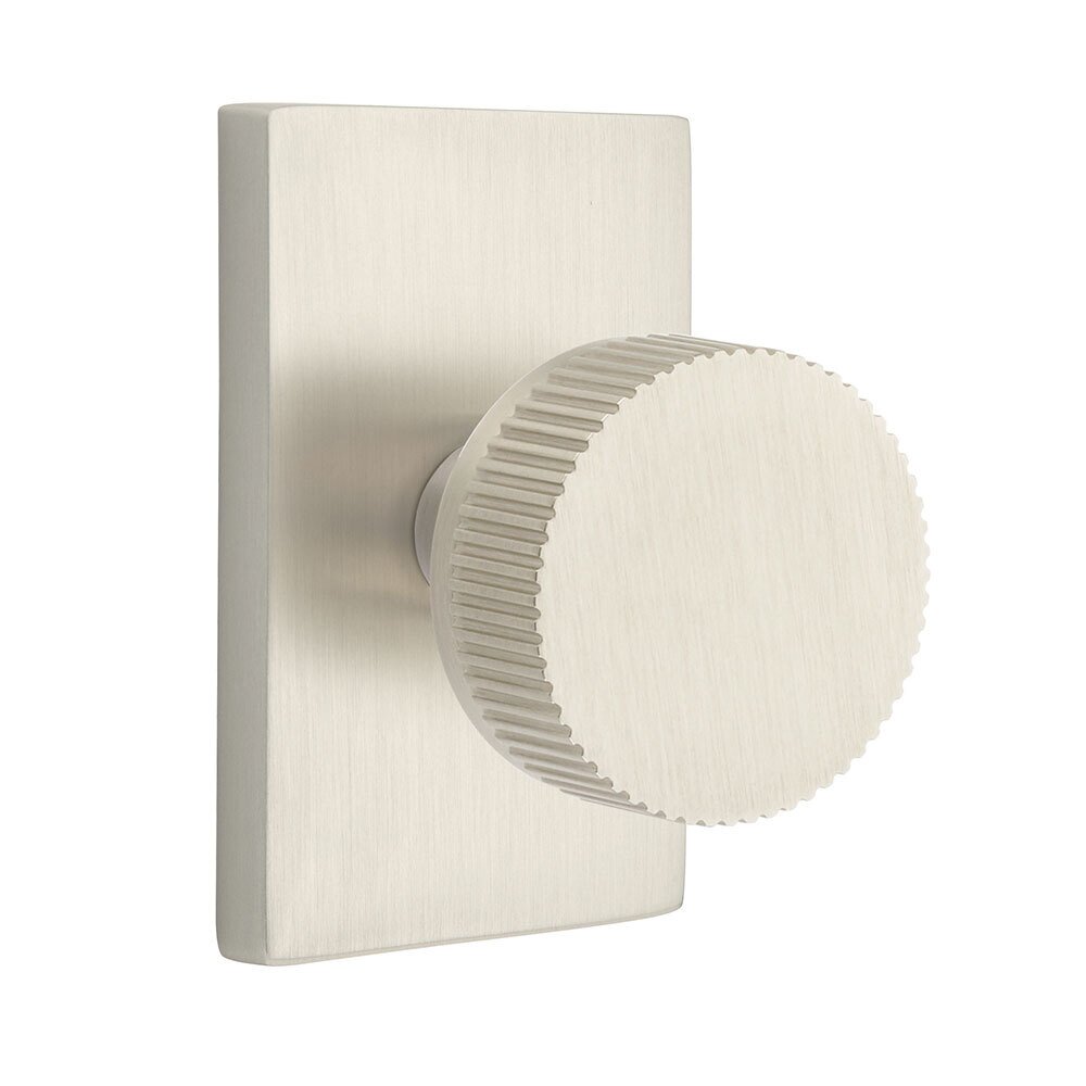 Emtek Privacy Modern Rectangular Rosette with Concealed Screws Conical Stem and Straight Knurled Knob in Satin Nickel