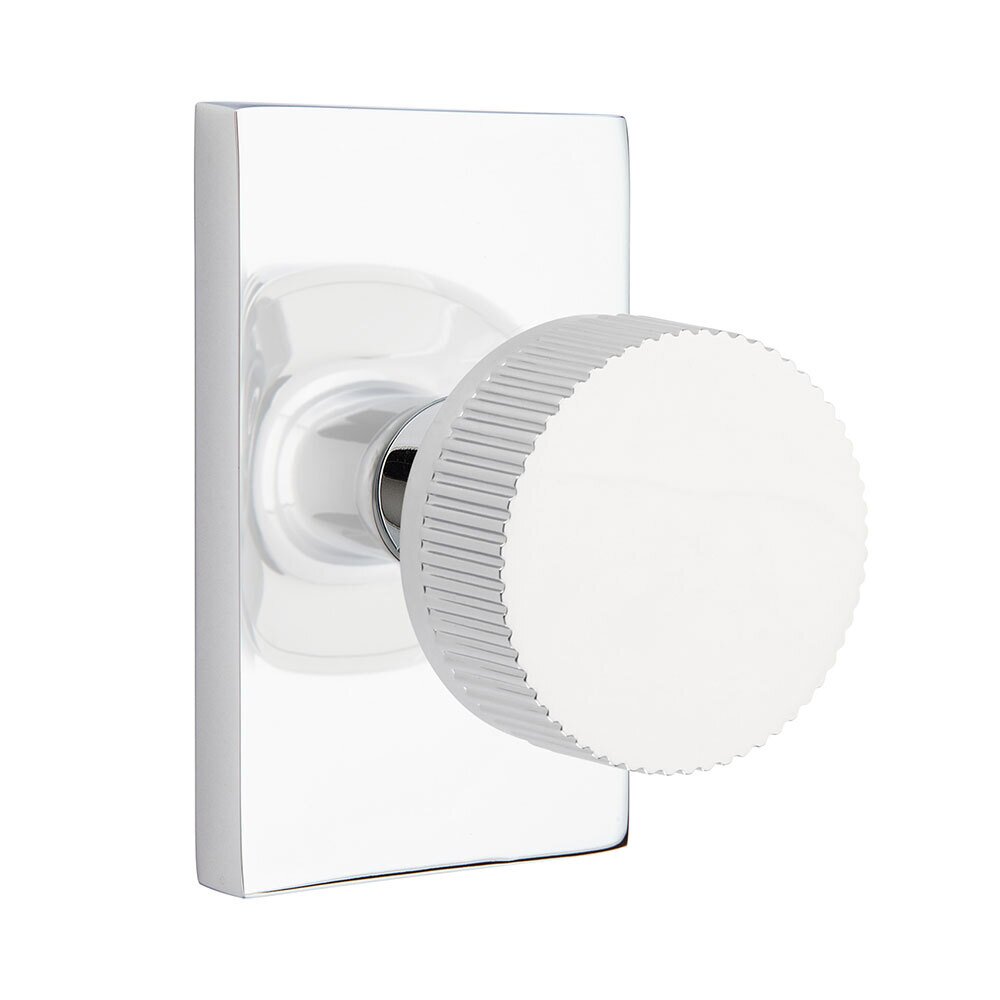 Emtek Privacy Modern Rectangular Rosette with Concealed Screws Conical Stem and Straight Knurled Knob in Polished Chrome