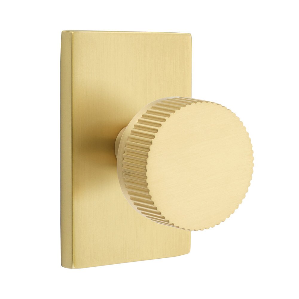 Emtek Privacy Modern Rectangular Rosette with Conical Stem and Straight Knurled Knob in Satin Brass