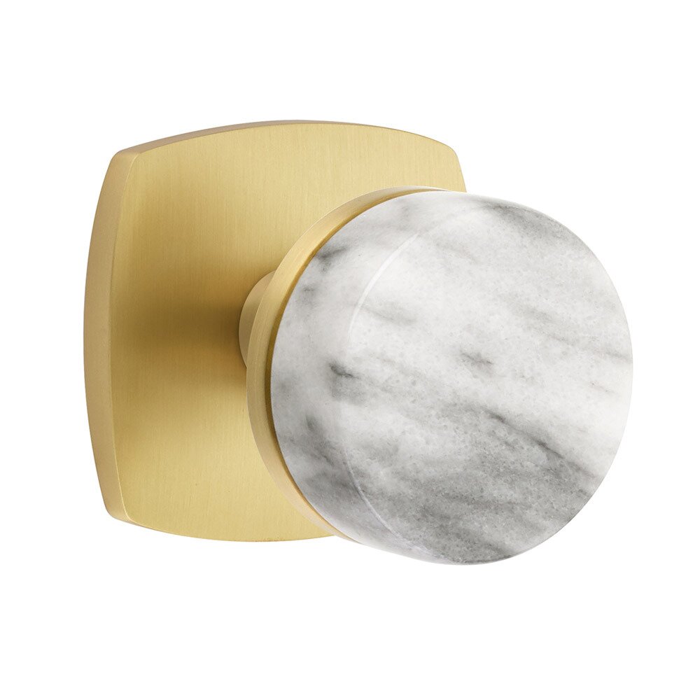 Emtek Double Dummy Urban Modern Rosette with Conical Stem and White Marble Knob in Satin Brass