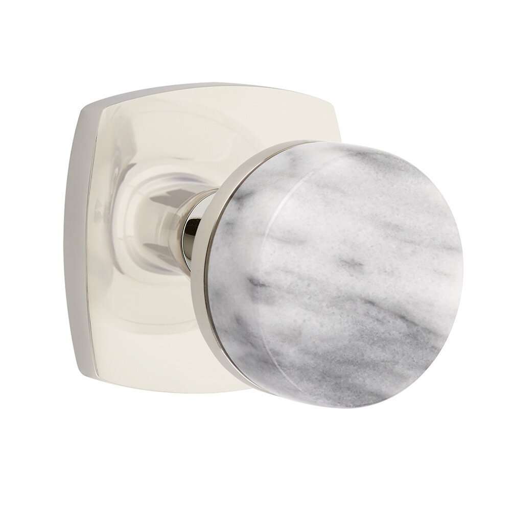 Emtek Privacy Urban Modern Rosette with Concealed Screws Conical Stem and White Marble Knob in Polished Nickel