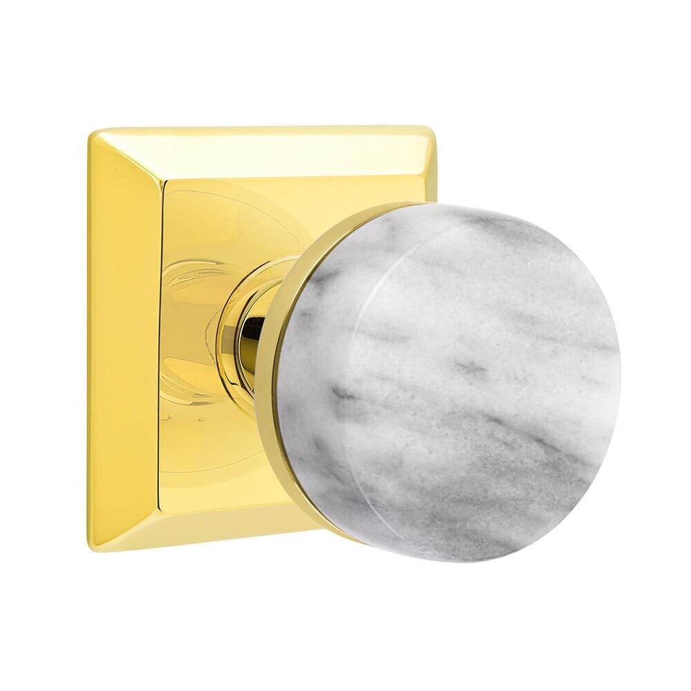 Emtek Passage Quincy Rosette with Concealed Screws Conical Stem and White Marble Knob in Unlacquered Brass