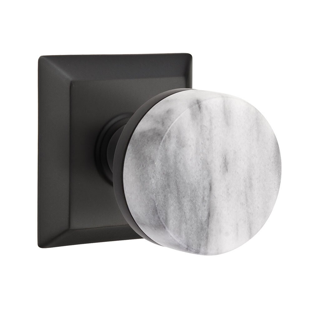 Emtek Privacy Quincy Rosette with Concealed Screws Conical Stem and White Marble Knob in Flat Black