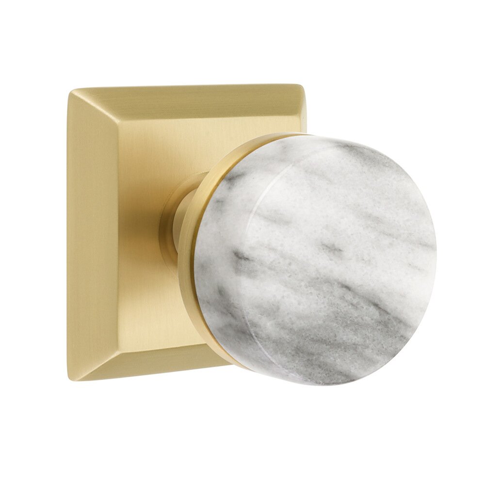 Emtek Privacy Quincy Rosette with Conical Stem and White Marble Knob in Satin Brass