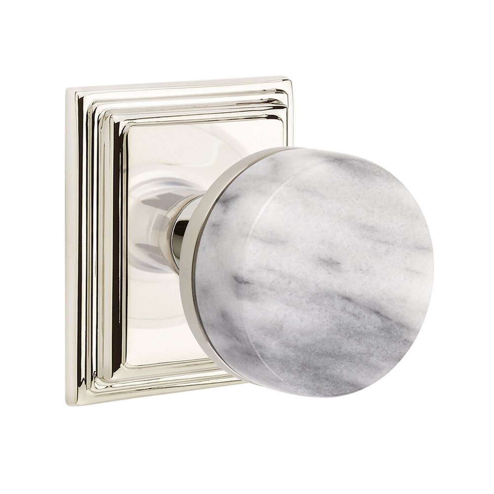 Emtek Privacy Wilshire Rosette with Concealed Screws Conical Stem and White Marble Knob in Polished Nickel
