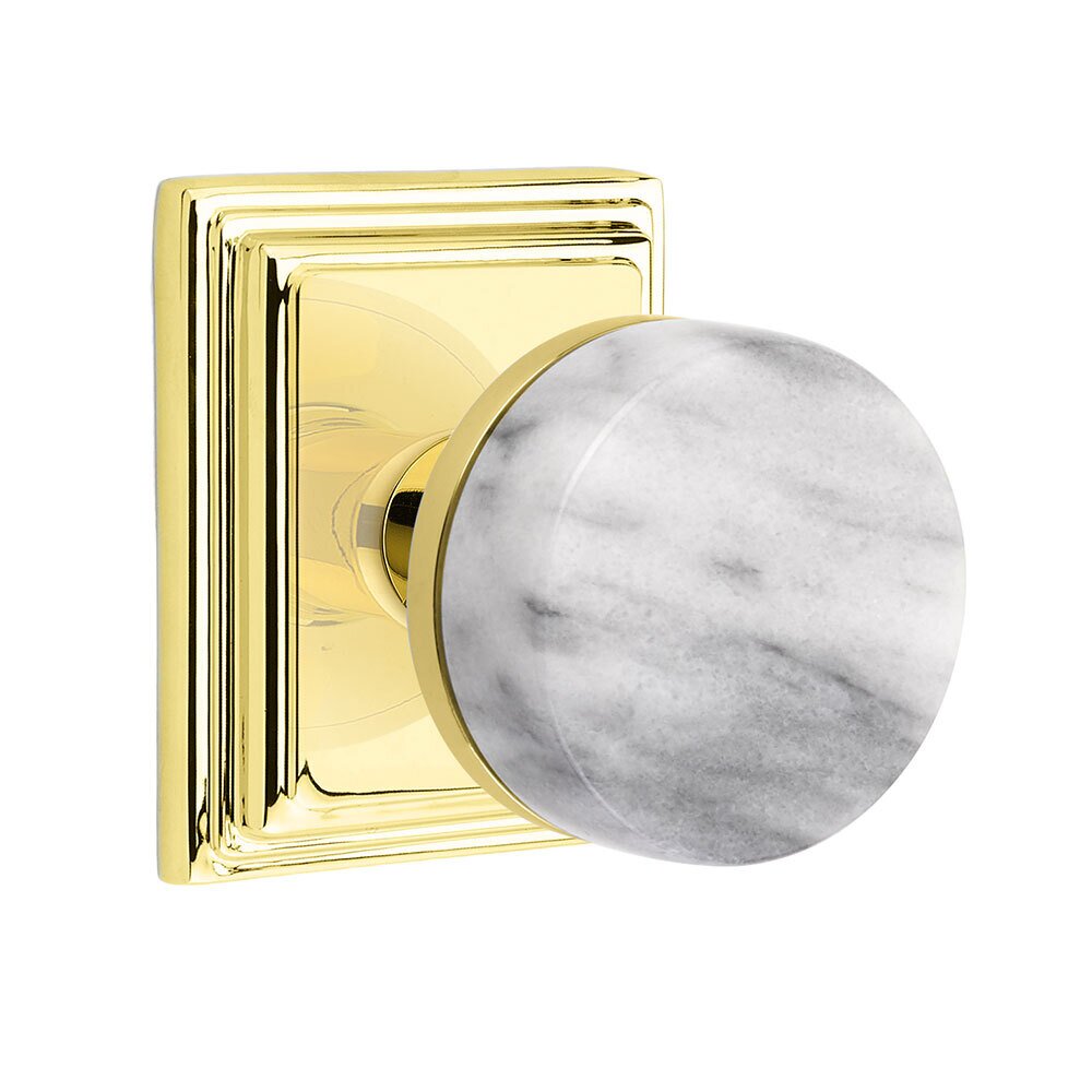 Emtek Privacy Wilshire Rosette with Concealed Screws Conical Stem and White Marble Knob in Unlacquered Brass