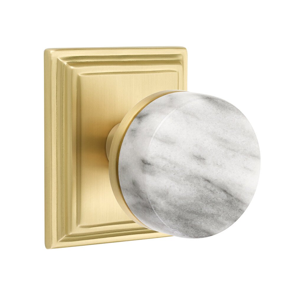 Emtek Privacy Wilshire Rosette with Concealed Screws Conical Stem and White Marble Knob in Satin Brass