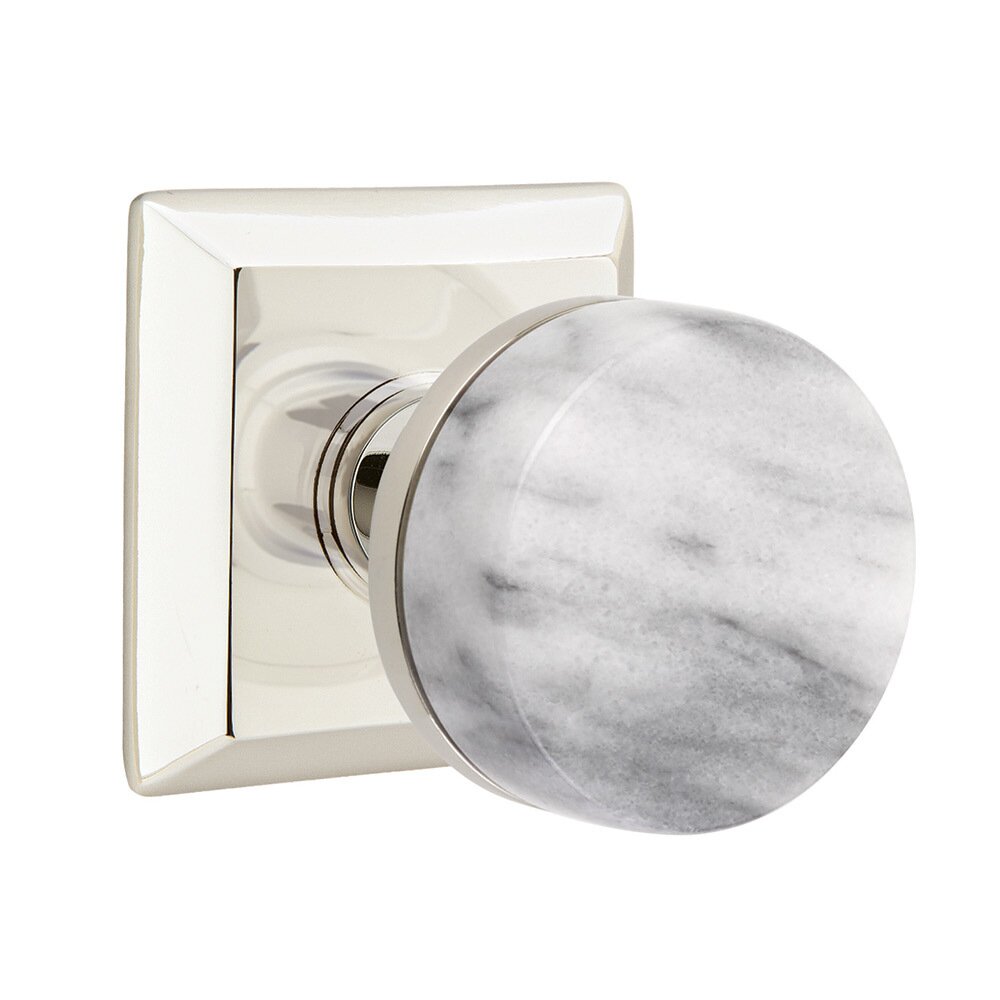 Emtek Double Dummy Quincy Rosette with Conical Stem and White Marble Knob in Polished Nickel