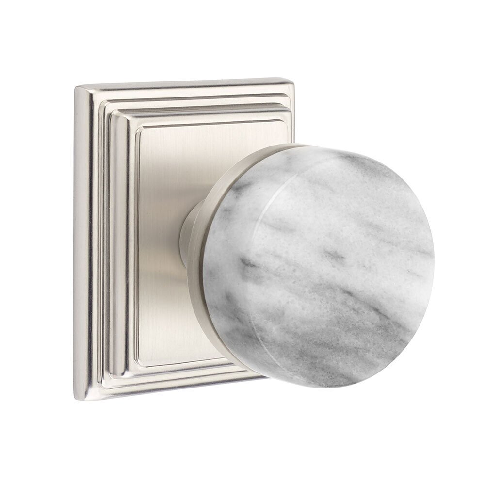Emtek Single Dummy Wilshire Rosette with Conical Stem and White Marble Knob in Satin Nickel