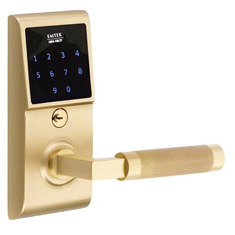Emtek Emtouch - L-Square Knurled Lever Electronic Touchscreen Lock in Satin Brass