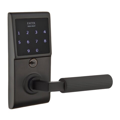 Emtek Emtouch - L-Square Straight Knurled Lever Electronic Touchscreen Lock in Flat Black