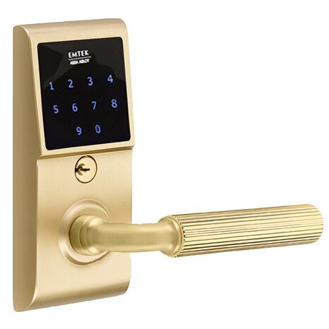 Emtek Emtouch - R-Bar Straight Knurled Lever Electronic Touchscreen Lock in Satin Brass