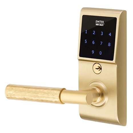 Emtek Emtouch - T-Bar Hammered Lever Electronic Touchscreen Lock in Satin Brass