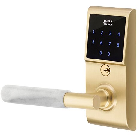 Emtek Emtouch - T-Bar White Marble Lever Electronic Touchscreen Lock in Satin Brass
