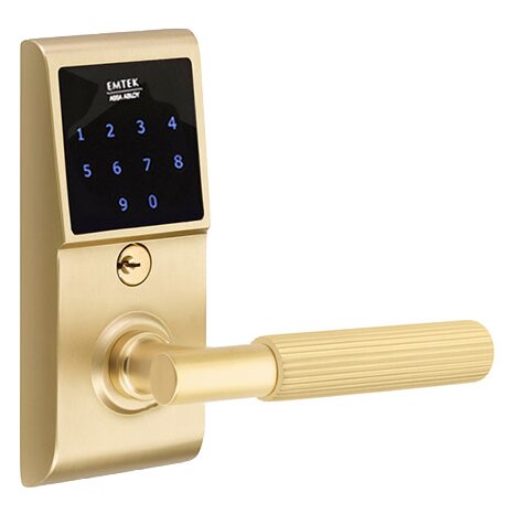 Emtek Emtouch - T-Bar Straight Knurled Lever Electronic Touchscreen Lock in Satin Brass