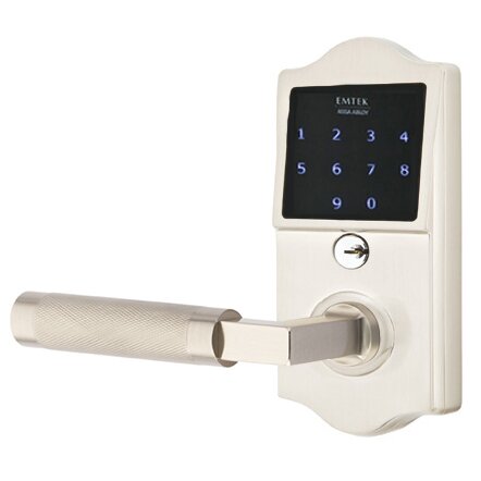 Emtek Emtouch Classic - L-Square Knurled Lever Electronic Touchscreen Storeroom Lock in Satin Nickel