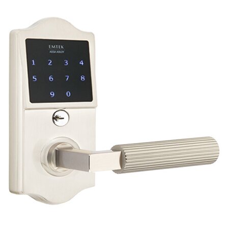 Emtek Emtouch Classic - L-Square Straight Knurled Lever Electronic Touchscreen Storeroom Lock in Satin Nickel