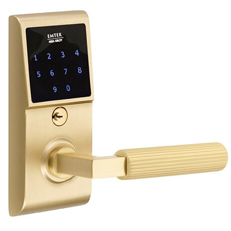 Emtek Emtouch - L-Square Straight Knurled Lever Electronic Touchscreen Storeroom Lock in Satin Brass