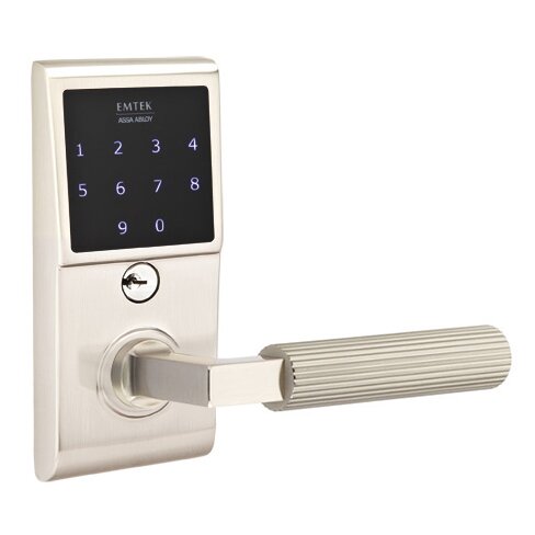 Emtek Emtouch - L-Square Straight Knurled Lever Electronic Touchscreen Storeroom Lock in Satin Nickel
