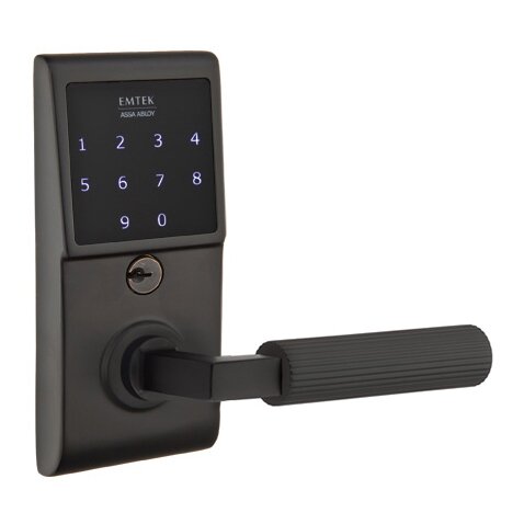 Emtek Emtouch - L-Square Straight Knurled Lever Electronic Touchscreen Storeroom Lock in Flat Black