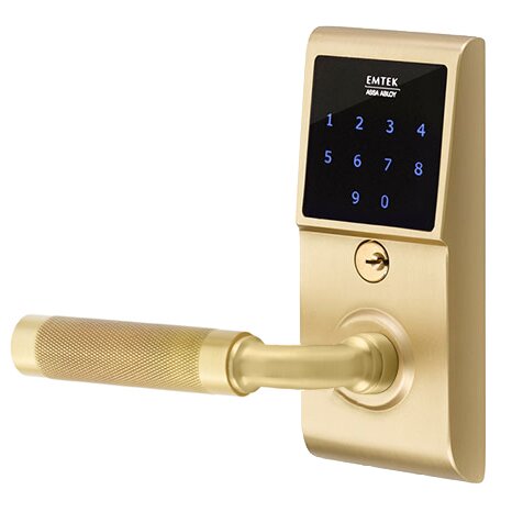 Emtek Emtouch - R-Bar Knurled Lever Electronic Touchscreen Storeroom Lock in Satin Brass