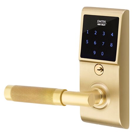 Emtek Emtouch - T-Bar Knurled Lever Electronic Touchscreen Storeroom Lock in Satin Brass