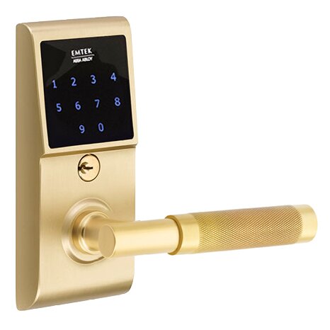 Emtek Emtouch - T-Bar Knurled Lever Electronic Touchscreen Storeroom Lock in Satin Brass