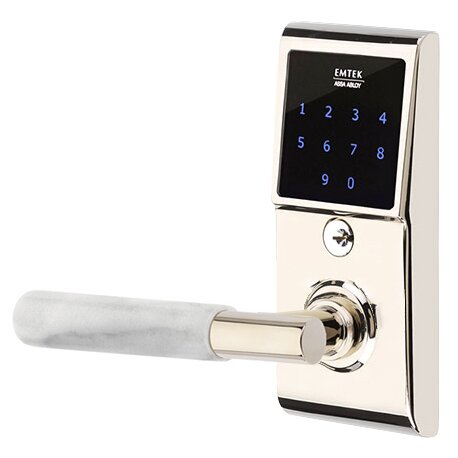 Emtek Emtouch - T-Bar White Marble Lever Electronic Touchscreen Storeroom Lock in Polished Nickel