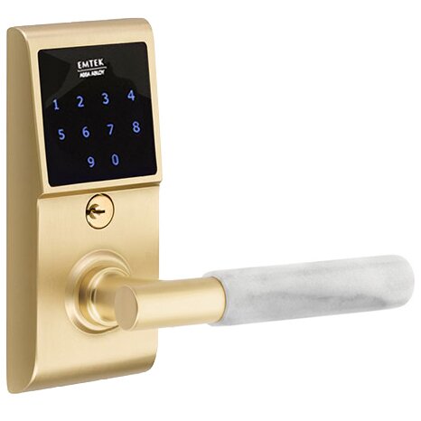 Emtek Emtouch - T-Bar White Marble Lever Electronic Touchscreen Storeroom Lock in Satin Brass