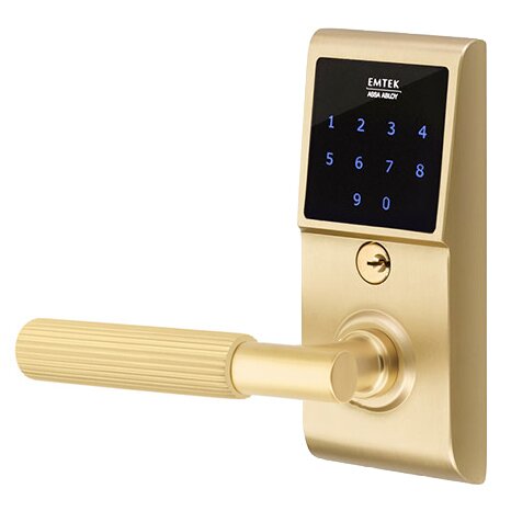 Emtek Emtouch - T-Bar Straight Knurled Lever Electronic Touchscreen Storeroom Lock in Satin Brass