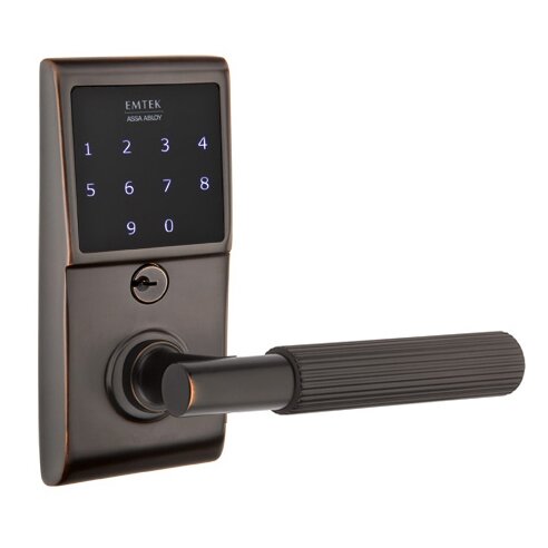 Emtek Emtouch - T-Bar Straight Knurled Lever Electronic Touchscreen Storeroom Lock in Oil Rubbed Bronze