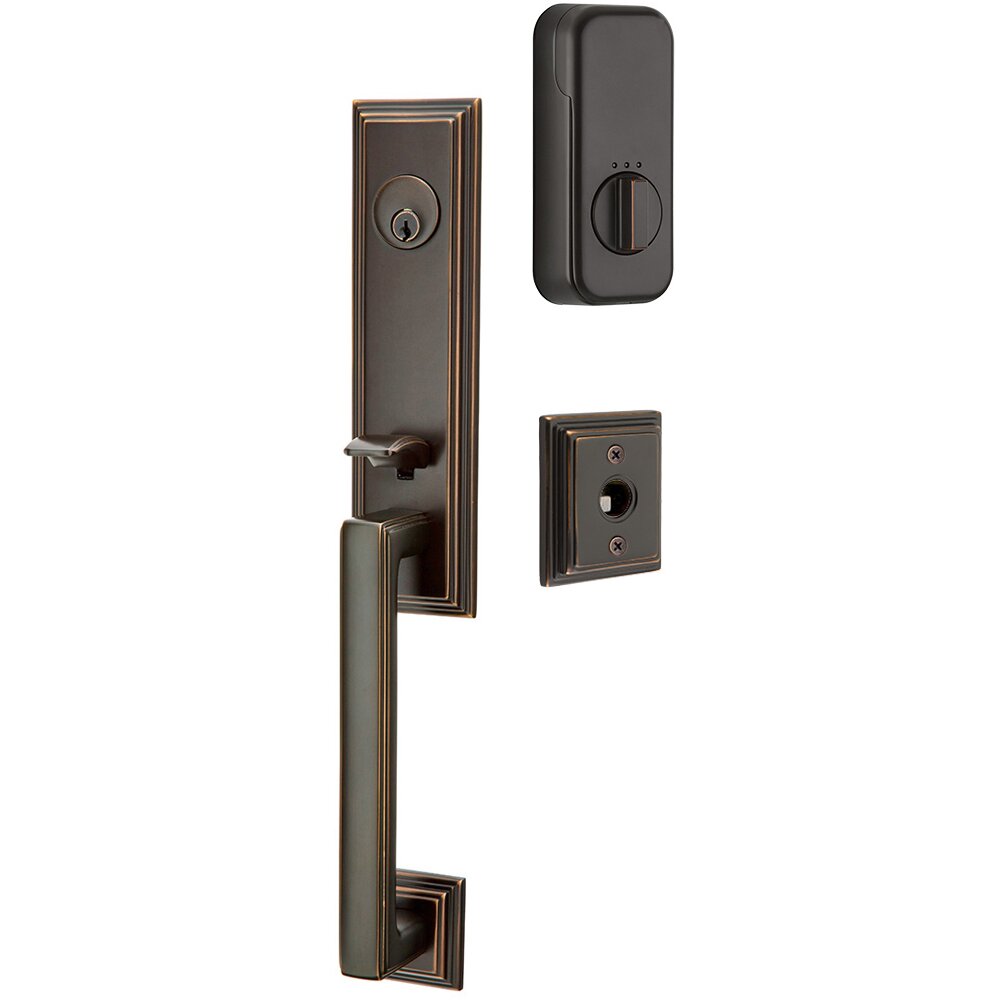 Emtek Wilshire Handleset with Empowered Smart Lock Upgrade and Cortina Left Handed Lever in Oil Rubbed Bronze