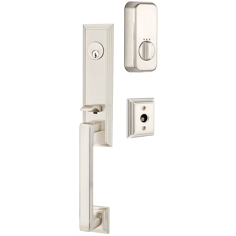Emtek Wilshire Handleset with Empowered Smart Lock Upgrade and Ribbon And Reed Knob in Satin Nickel