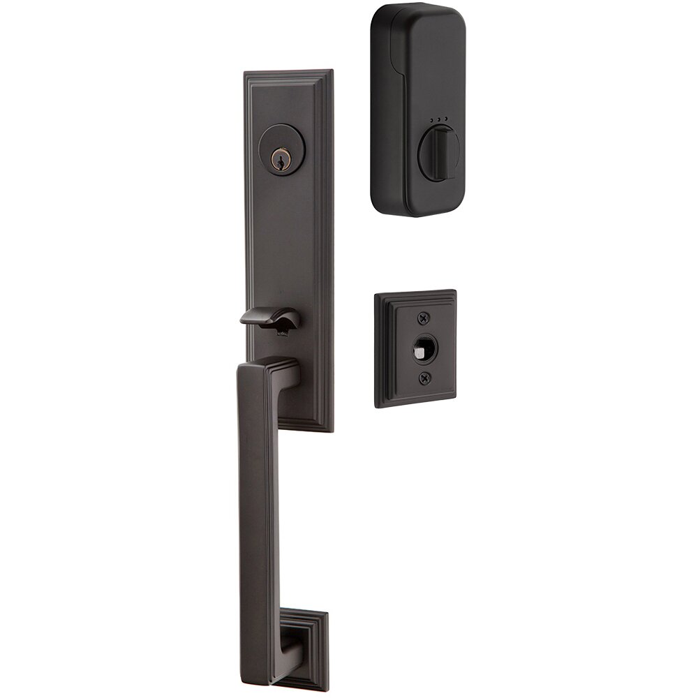 Emtek Wilshire Handleset with Empowered Smart Lock Upgrade and Freestone Square Knob in Flat Black