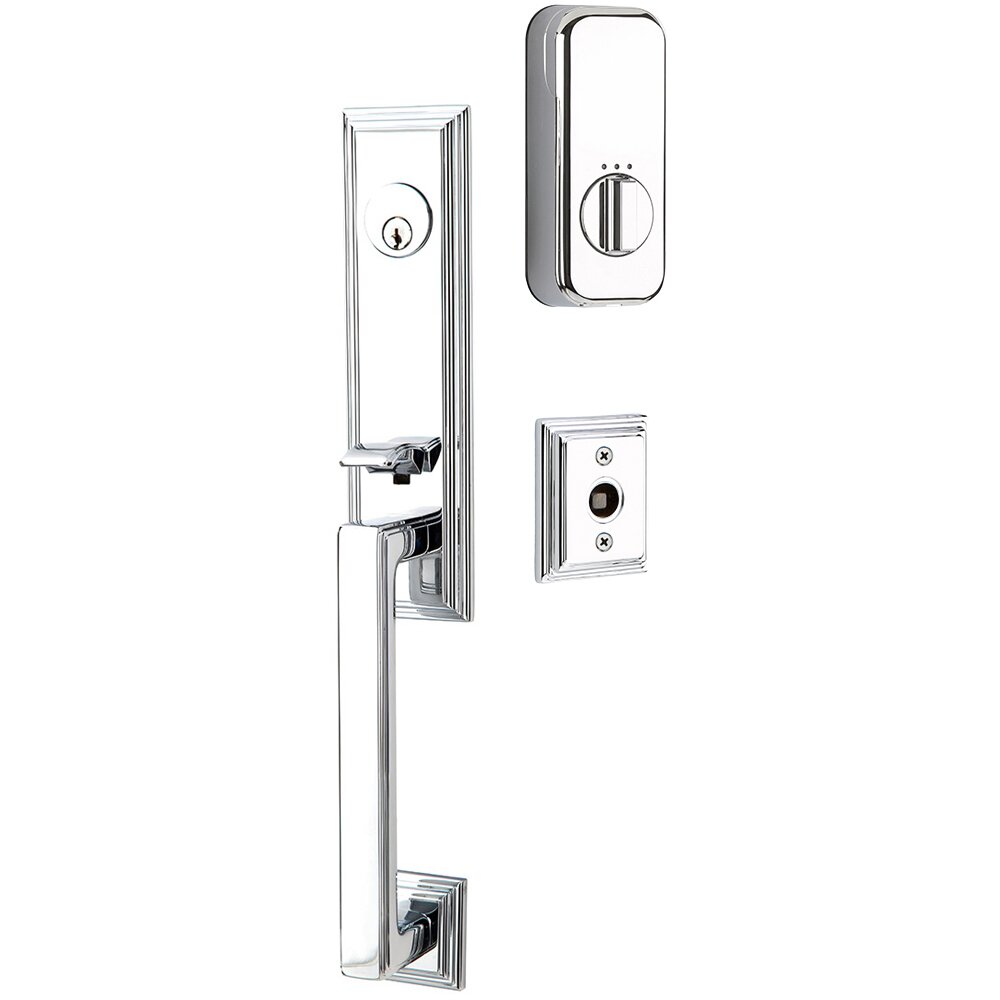 Emtek Wilshire Handleset with Empowered Smart Lock Upgrade and Lowell Crystal Knob in Polished Chrome
