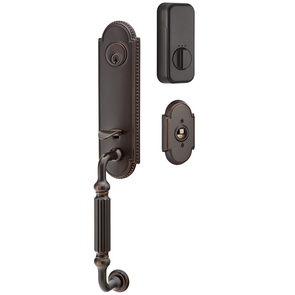 Emtek Orleans Handleset with Empowered Smart Lock Upgrade and Freestone Square Knob in Oil Rubbed Bronze