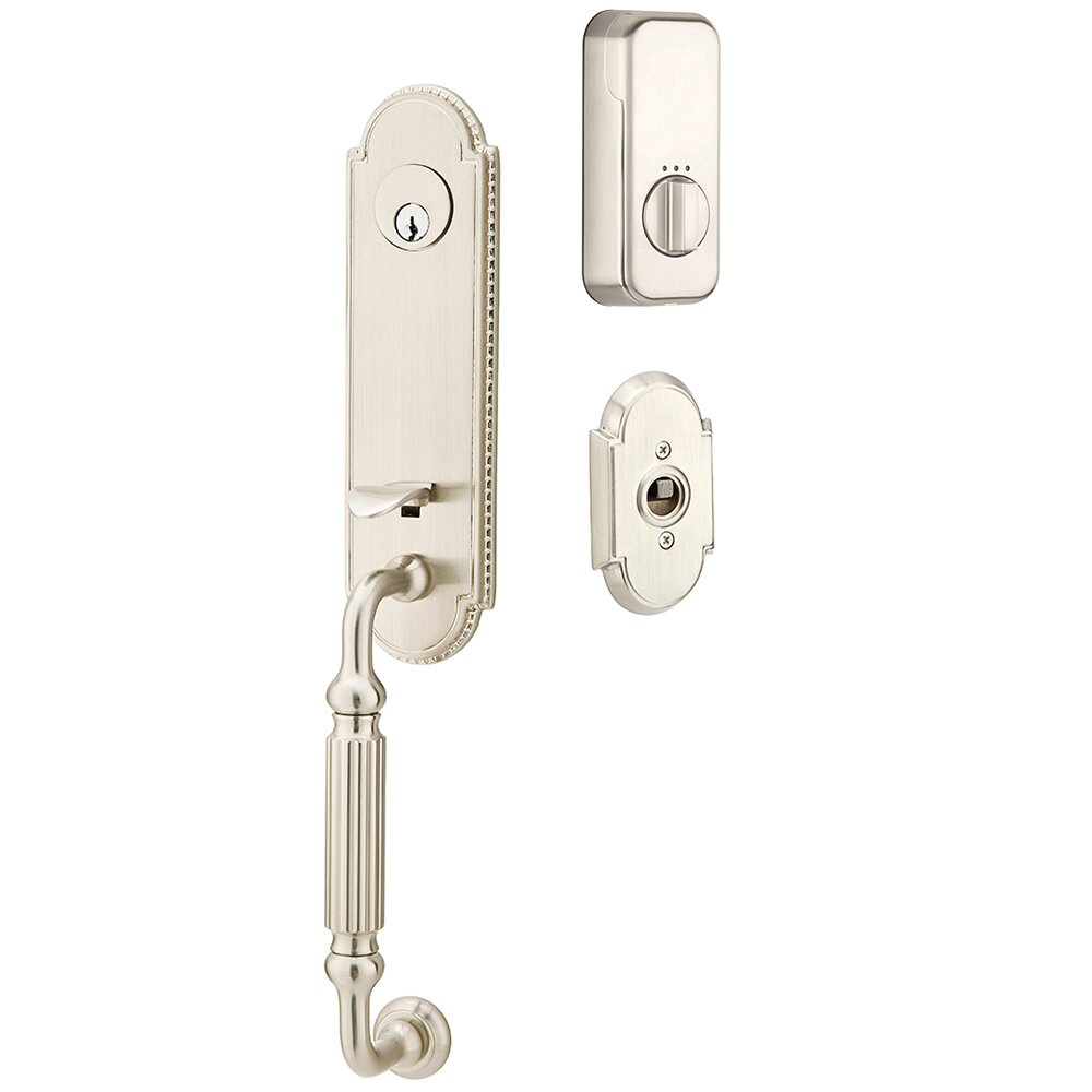 Emtek Orleans Handleset with Empowered Smart Lock Upgrade and Ribbon and Reed Left Handed Lever in Satin Nickel