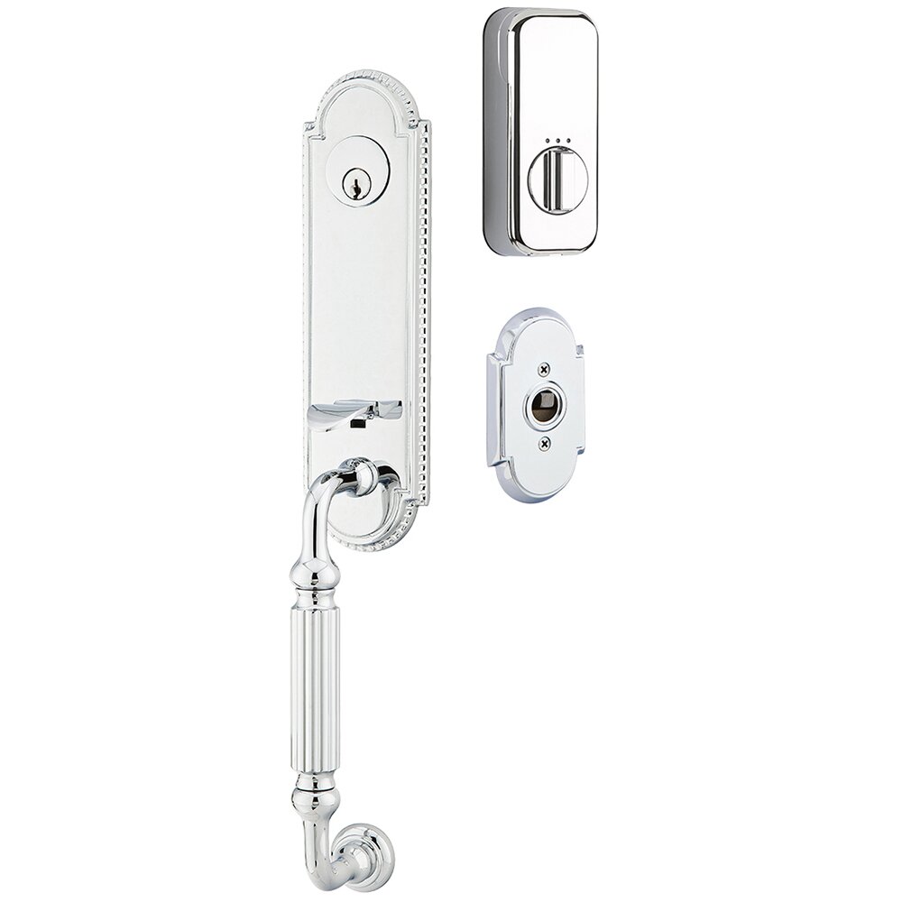 Emtek Orleans Handleset with Empowered Smart Lock Upgrade and Coventry Left Handed Lever in Polished Chrome