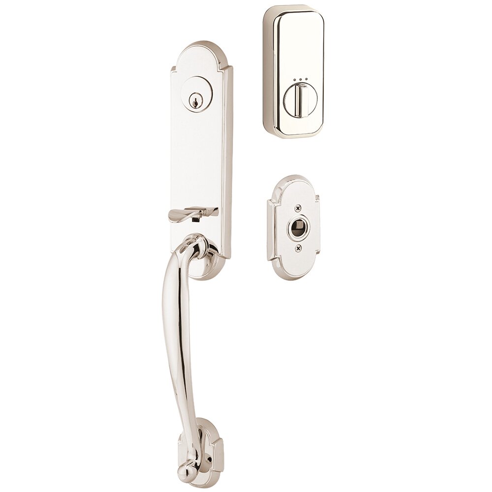 Emtek Richmond Handleset with Empowered Smart Lock Upgrade and Sion Left Handed Lever in Polished Nickel