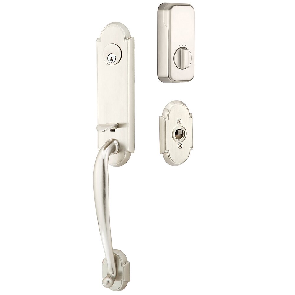 Emtek Richmond Handleset with Empowered Smart Lock Upgrade and Ribbon And Reed Knob in Satin Nickel