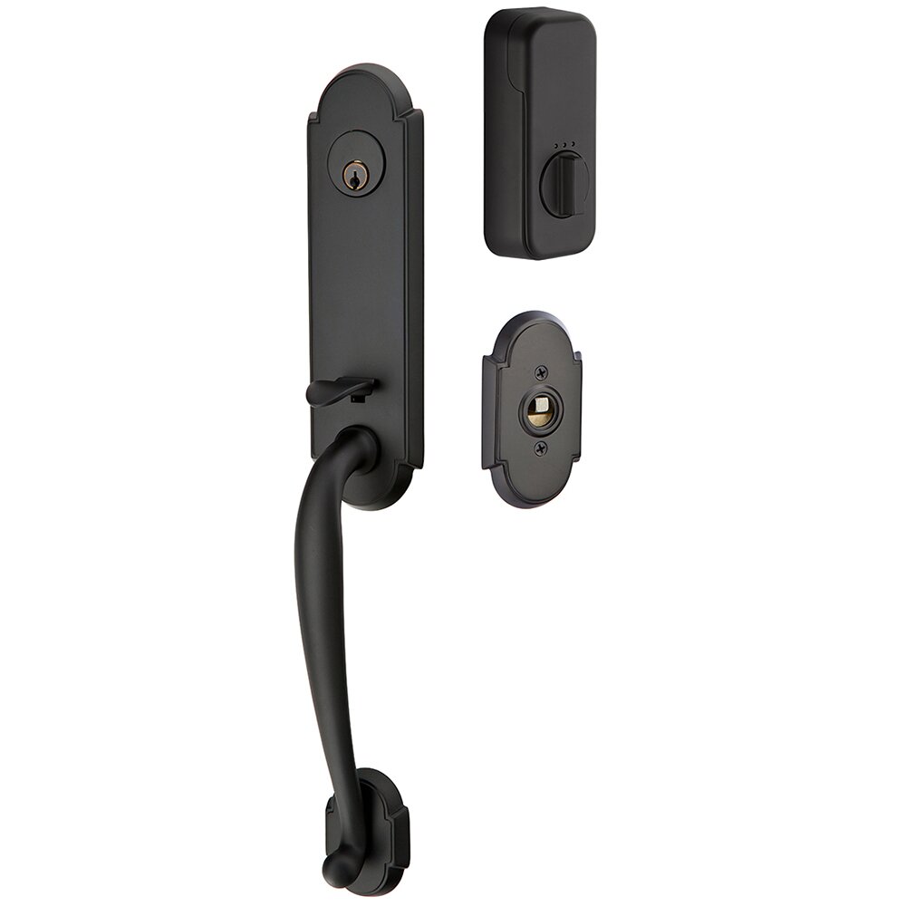 Emtek Richmond Handleset with Empowered Smart Lock Upgrade and Astoria Crystal Knob in Flat Black