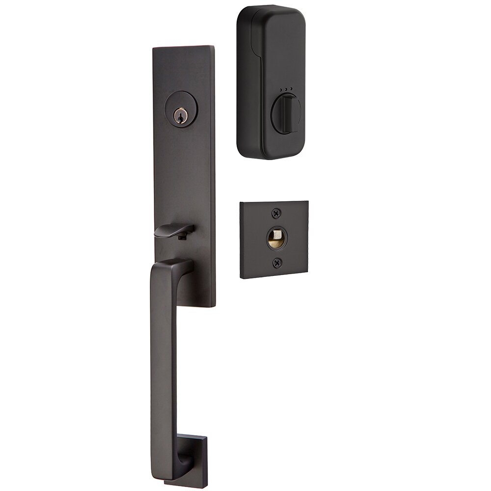 Emtek Davos Handleset with Empowered Smart Lock Upgrade and Cortina Left Handed Lever in Flat Black