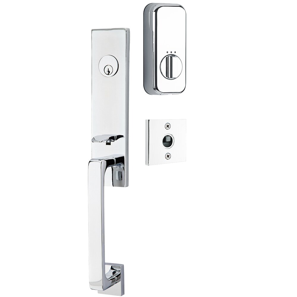 Emtek Davos Handleset with Empowered Smart Lock Upgrade and Athena Right Handed Lever in Polished Chrome