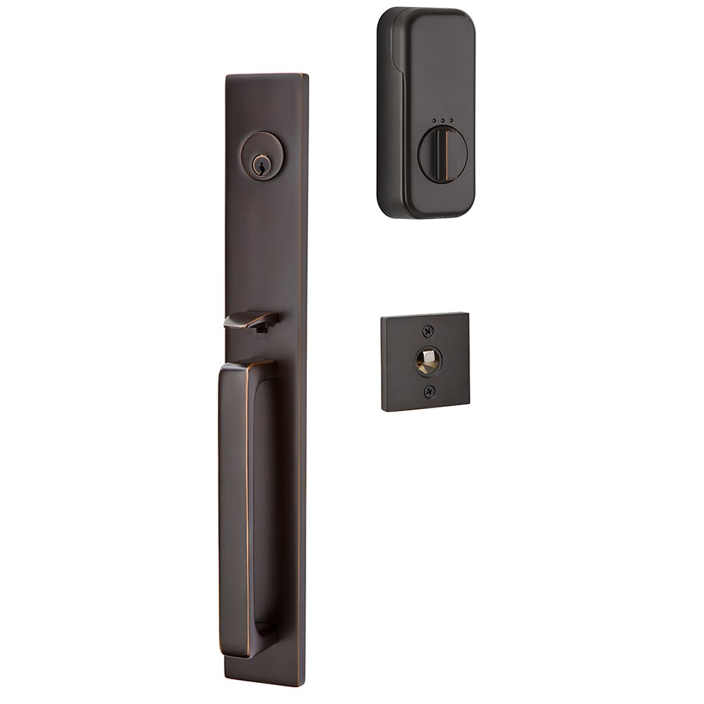 Emtek Lausanne Handleset with Empowered Smart Lock Upgrade and Astoria Crystal Knob in Oil Rubbed Bronze