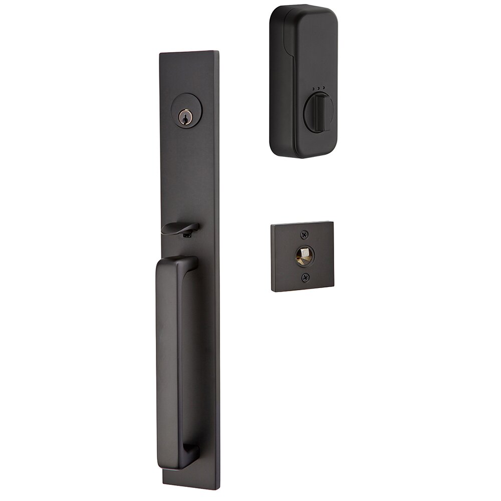 Emtek Lausanne Handleset with Empowered Smart Lock Upgrade and Modern Disc Crystal Knob in Flat Black