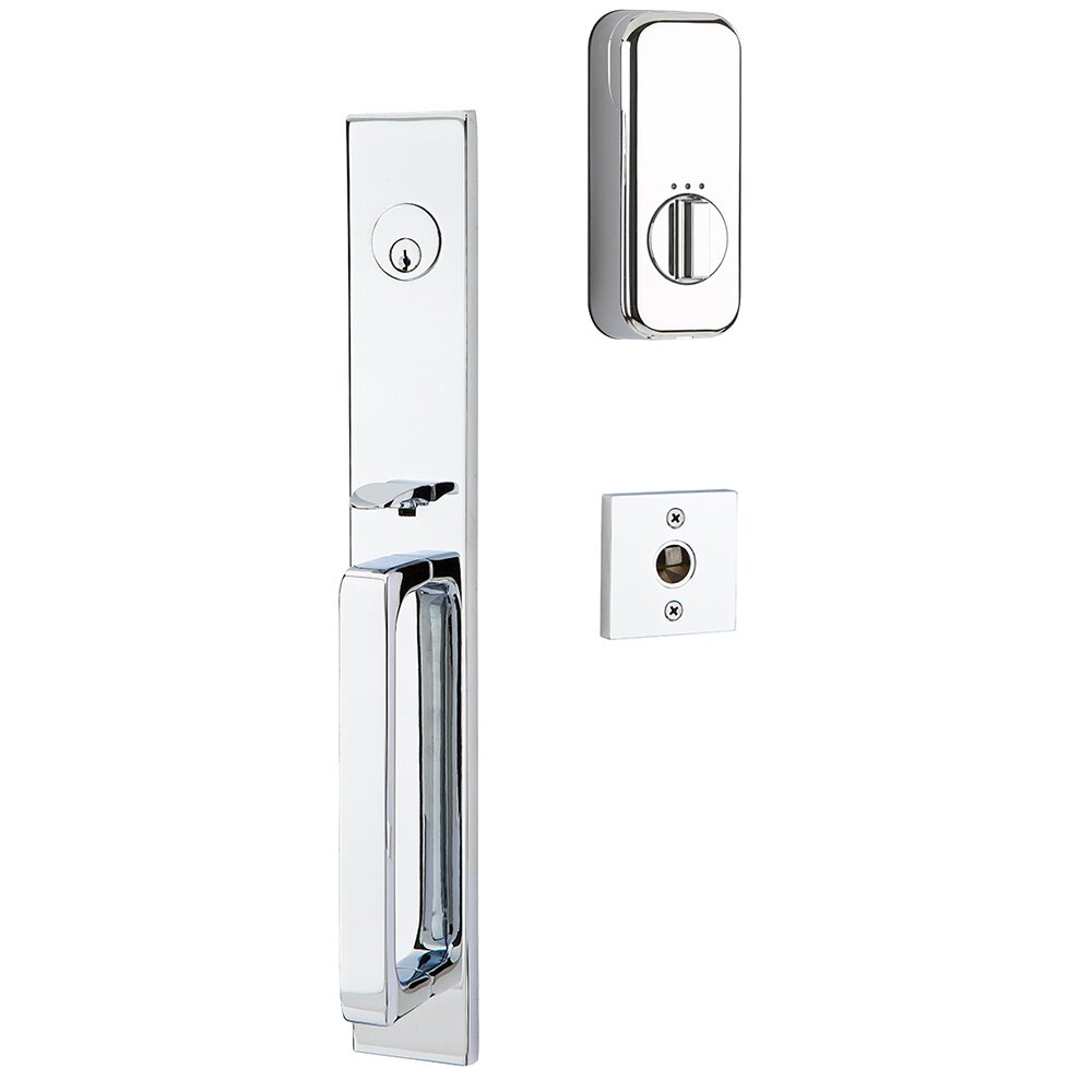 Emtek Lausanne Handleset with Empowered Smart Lock Upgrade and Merrimack Right Handed Lever in Polished Chrome