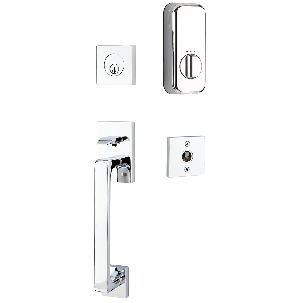 Emtek Baden Handleset with Empowered Smart Lock Upgrade and Milano Right Handed Lever in Polished Chrome