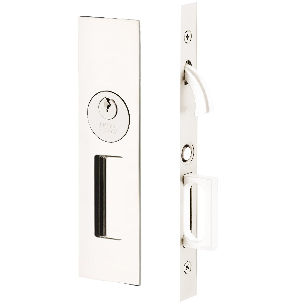 Emtek Narrow Modern Rectangular Keyed Pocket Door Mortise Lock in Polished Nickel